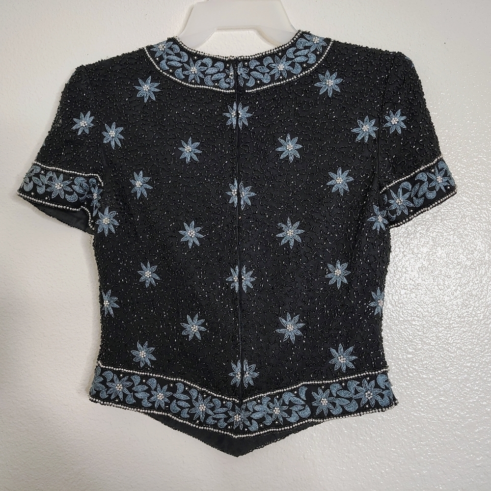 Vintage Papell Boutique Evening Top Womens Small Black Blue Floral Silk Beaded - Picture 8 of 14